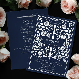 Invitación Con Relieve Metalizado Detalles de Boda de Espada Real Medieval Azul Plat