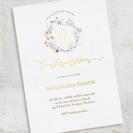 Invitación Con Relieve Metalizado detalles de oro flores silvestres confirmación de