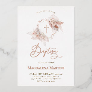 Invitación Con Relieve Metalizado detalles de oro rosa Flores de boho bautismo