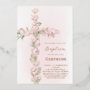 Invitación Con Relieve Metalizado detalles de oro rosa peonías cruz Bautizo