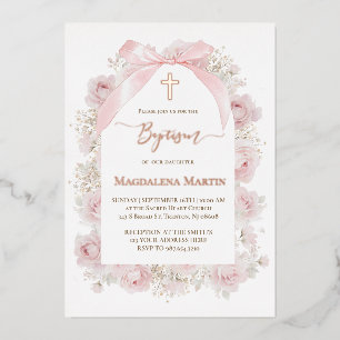 Invitación Con Relieve Metalizado detalles de oro rosa rosas rosadas Bautizo