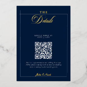 Invitación Con Relieve Metalizado Detalles del código QR de caligrafía azul negro cl