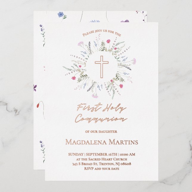 Invitación Con Relieve Metalizado Detalles del oro rosa Primeras flores silvestres d (Anverso/Reverso)