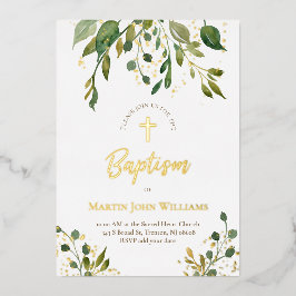 Invitación Con Relieve Metalizado detalles dorados acuarela vegetación Bautizo