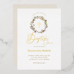 Invitación Con Relieve Metalizado detalles dorados corona de otoño Bautizo 