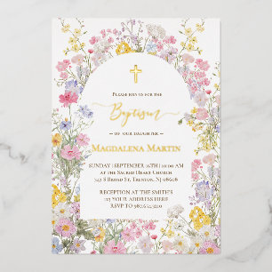 Invitación Con Relieve Metalizado detalles dorados flores silvestres Bautizo
