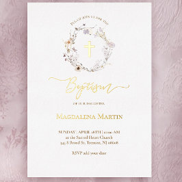 Invitación Con Relieve Metalizado detalles dorados flores silvestres corona bautismo