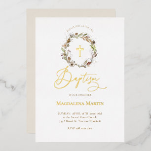 Invitación Con Relieve Metalizado detalles dorados otoño wreath Baptism