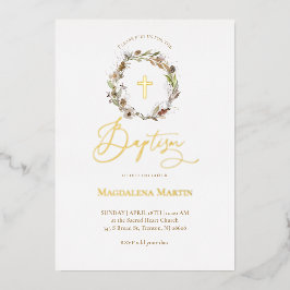 Invitación Con Relieve Metalizado detalles dorados otoño wreath Baptism