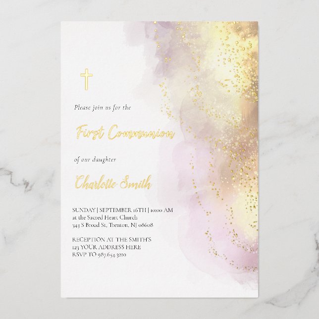 Invitación Con Relieve Metalizado detalles dorados Primera comunión (Anverso)