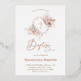 Invitación Con Relieve Metalizado detalles en oro rosa flores boho Bautizo