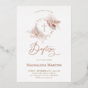 Invitación Con Relieve Metalizado detalles en oro rosa flores boho Bautizo