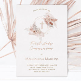Invitación Con Relieve Metalizado detalles en oro rosa Primera Comunión flores boho