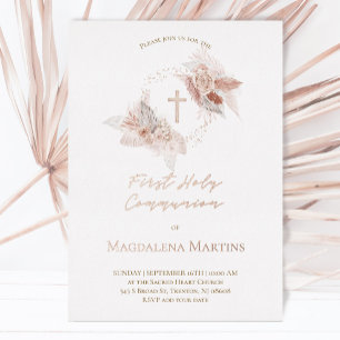 Invitación Con Relieve Metalizado detalles en oro rosa Primera Comunión flores boho