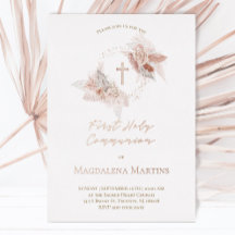 detalles en oro rosa Primera Comunión flores boho