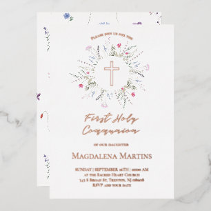 Invitación Con Relieve Metalizado detalles en rosa oro Primera Comunión flores silve