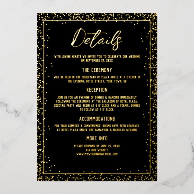 Invitación Con Relieve Metalizado Detalles mínimos del Boda negro y dorado (Anverso)