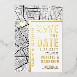 Invitación Con Relieve Metalizado Detroit Love Locator | Boda Guardar la fecha