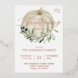 Invitación Con Relieve Metalizado Día de Acción de Gracias de Calabaza Blanca
