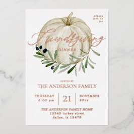 Invitación Con Relieve Metalizado Día de Acción de Gracias de Calabaza Blanca de Ami