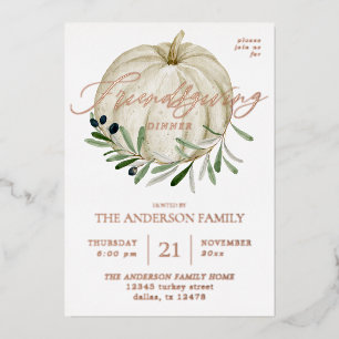 Invitación Con Relieve Metalizado Día de Acción de Gracias de Calabaza Blanca de Ami