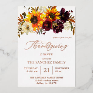 Invitación Con Relieve Metalizado Día de Acción de Gracias Floral Burgundy & Girasol