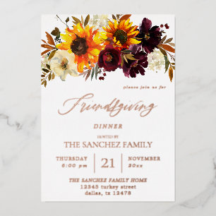 Invitación Con Relieve Metalizado Día de Acción de Gracias Floral con Girasoles Rúst