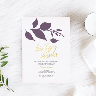 Invitación Con Relieve Metalizado Día de Acción de Gracias Otoño Morado y Blanco