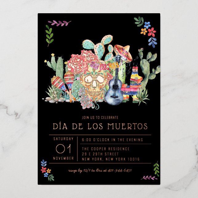 Invitación Con Relieve Metalizado Día de las Calaveras de Azúcar Celebración del Día (Anverso)
