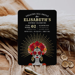 Invitación Con Relieve Metalizado Día de Muertos Tema de Fiesta de Cumpleaños Glam S