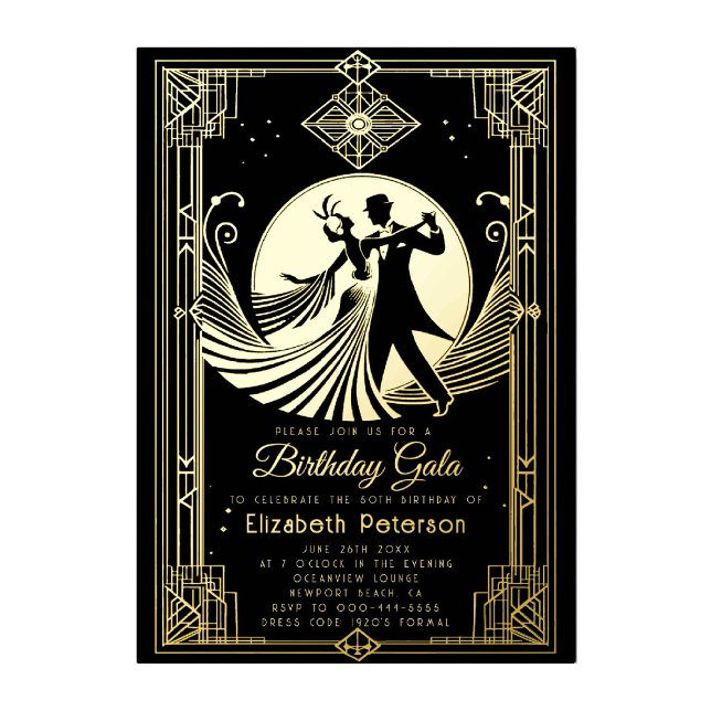 Invitación Con Relieve Metalizado Día de prohibición de gatsby en Art Deco (art deco invitation birthday event gala gatsby roaring 20s prohibition black gold elegant foil)
