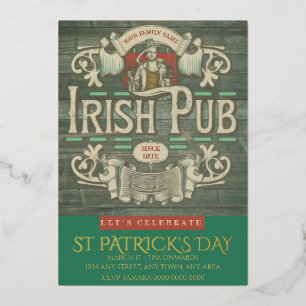 Invitación Con Relieve Metalizado Día de San Patricio Pub Irlandés Divertido Persona