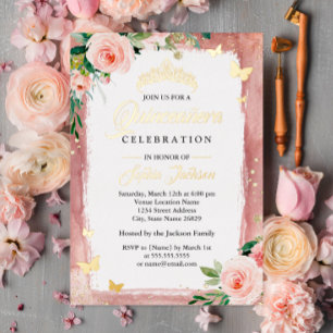 Invitación Con Relieve Metalizado Diadema Floral Brillante Rosa Rubor Dorado Quincea