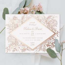 Invitación Con Relieve Metalizado Diamante Floral Dibujado Romántico Jardín Rosa Oro