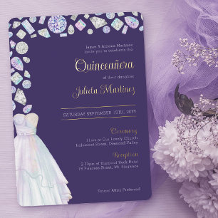 Invitación Con Relieve Metalizado Diamante Princesa Púrpura Quinceañera y Misa