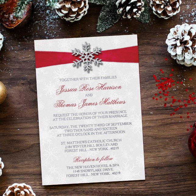 Invitación Con Relieve Metalizado Diamante Snowflake & Red Ribbon Boda de Invierno (Subido por el creador)
