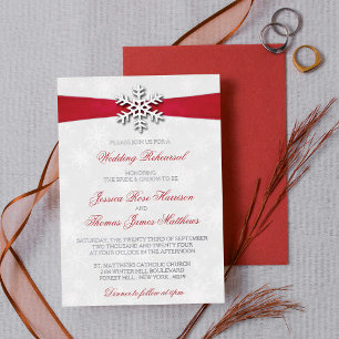 Invitación Con Relieve Metalizado Diamante Snowflake & Red Ribbon Boda de Invierno