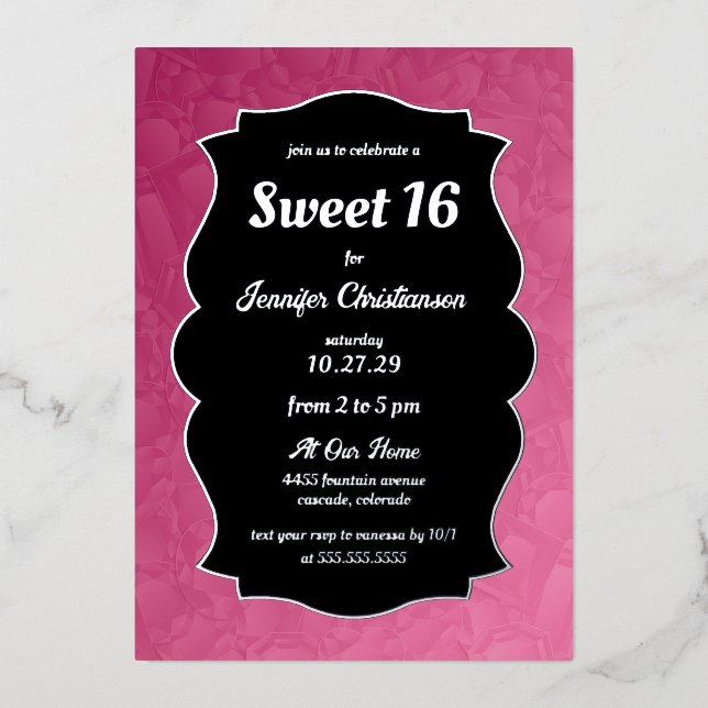 Invitación Con Relieve Metalizado Diamantes rosas dulces 16 (Anverso)