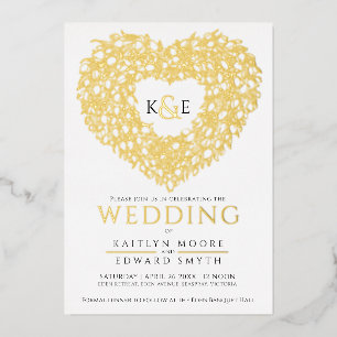 Invitación Con Relieve Metalizado Dibujo de tulipanes de primavera corazón boda oro