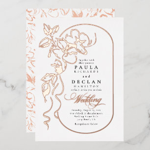 Invitación Con Relieve Metalizado Dibujo floral elegante boda boho rosa oro