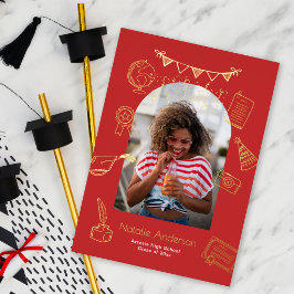 Invitación Con Relieve Metalizado Dibujos a Mano Arco Foto Graduado Rojo