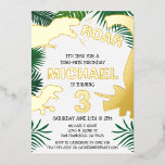 Invitación Con Relieve Metalizado Dinosaur Kids Gold Dinos Trex Cumpleaños<br><div class="desc">Este diseño de dinosaurios es genial para el chico de cumpleaños de tu vida. Dales un brindis de dino-mito con este diseño de temática de dino con trex,  triceratops,  brontosaurus y raptor.</div>