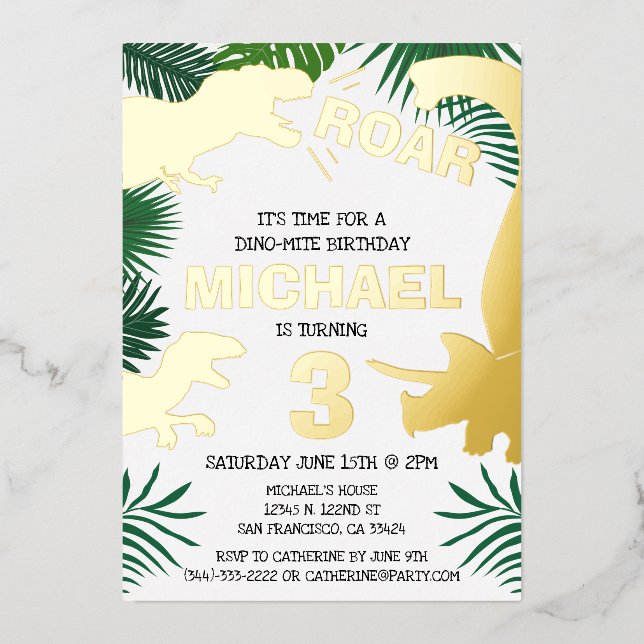 Invitación Con Relieve Metalizado Dinosaur Kids Gold Dinos Trex Cumpleaños (Anverso)