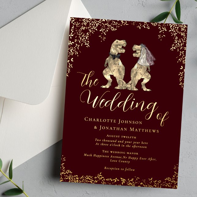 Invitación Con Relieve Metalizado Dinosaur Theme Wedding Burgundy and Gold (Dinosaur theme wedding burgundy and gold foil foliage invitation T-Rex bride and groom dino )