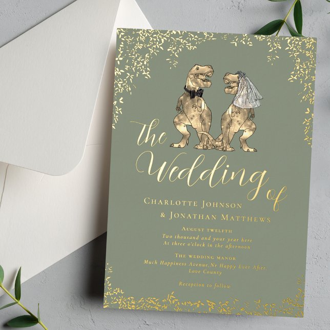 Invitación Con Relieve Metalizado Dinosaur Wedding Sage Green and Gold (Elegant Dinosaur theme wedding sage green & gold foil eucalyptus foliage invitation T-Rex couple)