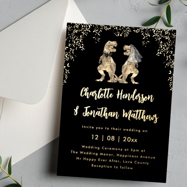 Invitación Con Relieve Metalizado Dinosaur Wedding T-Rex Bride & Groom Black & Gold  (Funny Dinosaur T-Rex bride and groom black and gold foil wedding invitation )