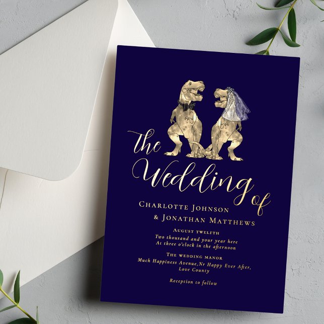 Invitación Con Relieve Metalizado Dinosaurio Tema Boda Marina Oro Azul (Dinosaur theme wedding navy blue gold foil invitation elegant modern calligraphy script T-Rex Dino)