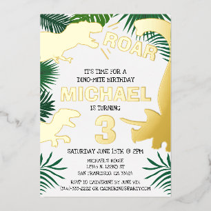 Invitación Con Relieve Metalizado Dinosaurios Niños Dinos Dorados Trex Cumpleaños