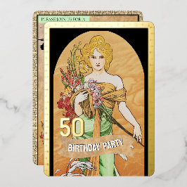 Invitación Con Relieve Metalizado Diosa de la Primavera Vintage Dorada, Mucha, 50 cu