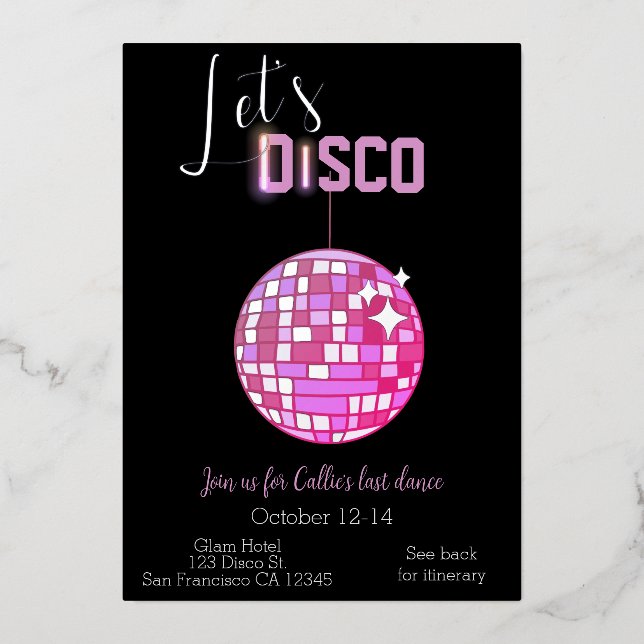 Invitación Con Relieve Metalizado Disco Bachelorette Última Danza Neon (Anverso)